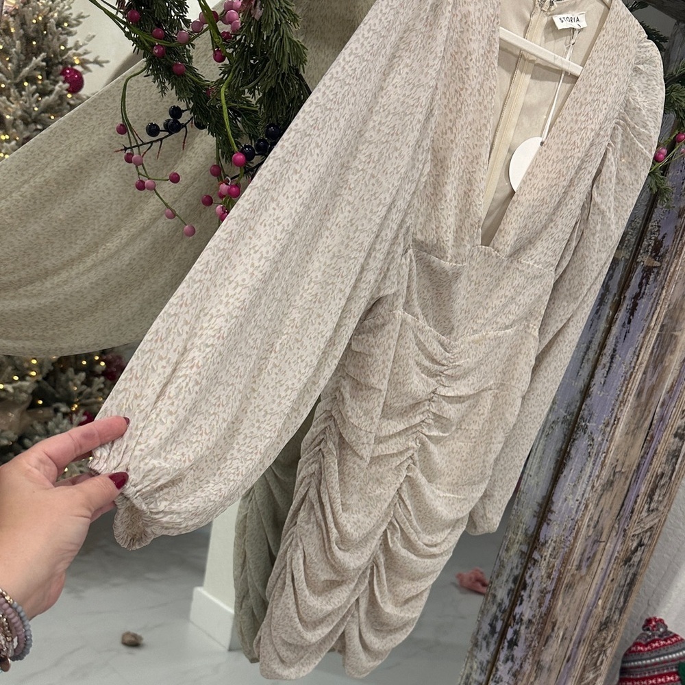 Storia Beige Long Sleeve Ruched Dress - Picture 3 of 5
